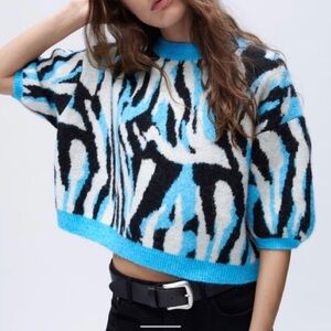 Zara Wool Alpaca Blend Animal Print Puff Sleeve Boxy Cropped Crewneck Sweater